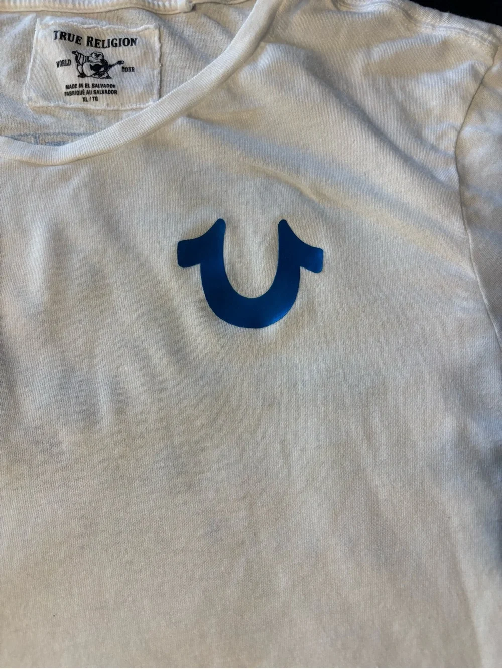 True Religion White Tee with Navy Graphic Logo